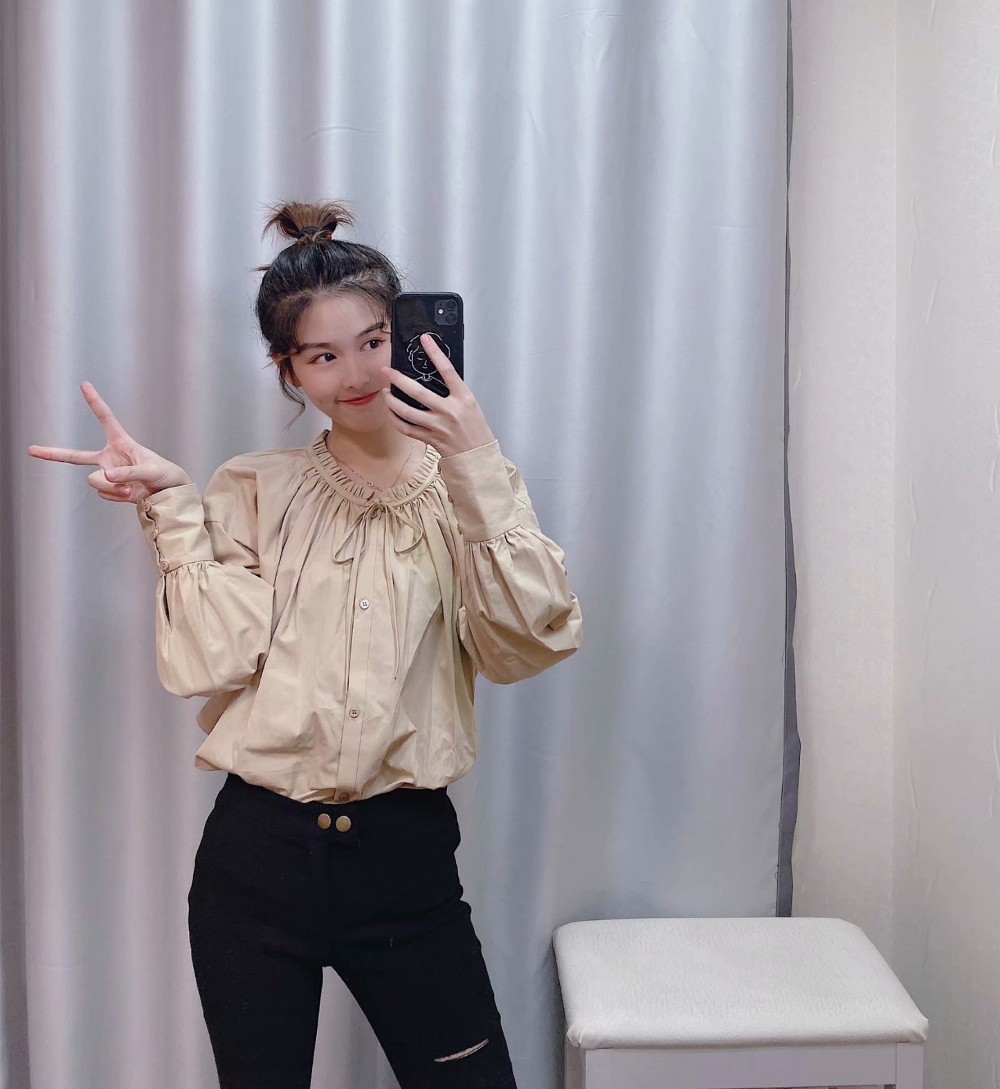 Blouse Romantique à Col Froncé et Manches Bouffantes
